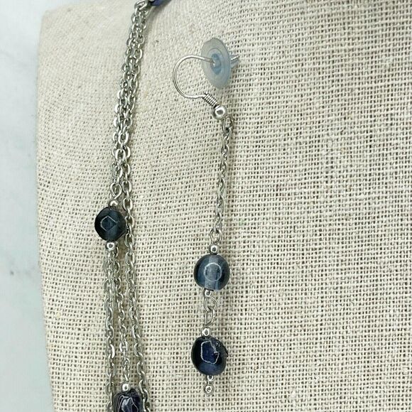 Silver Tone Blue Beaded Chain Link Necklace and Matching Dangle Earrings - Picture 4 of 7